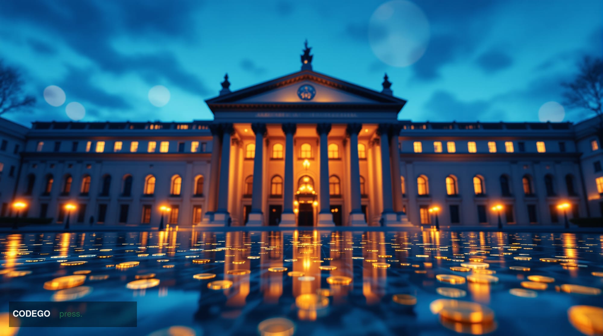 A wide-angle cinematic editorial photograph of a grand European regulatory institution building — a neoclassical stone facade