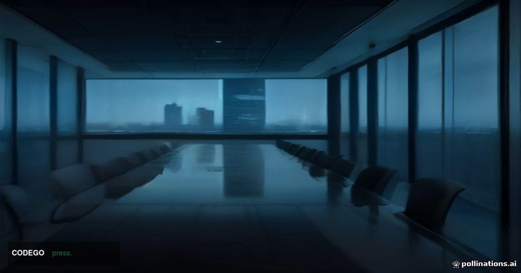 A dramatic cinematic editorial photograph set inside a modern European financial regulatory office, shot from a low angle loo