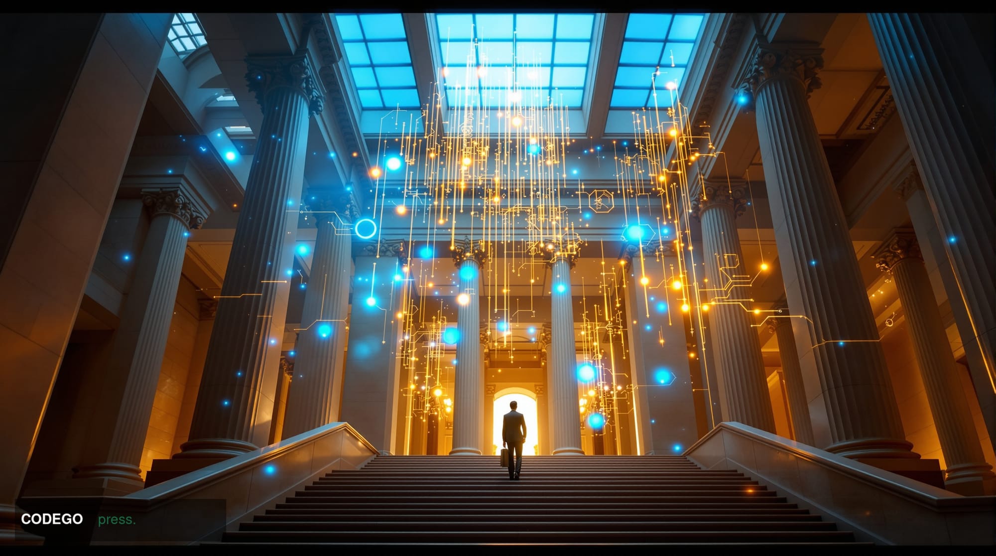 A dramatic cinematic editorial photograph set inside a monumental European Central Bank-style neoclassical building in Frankf