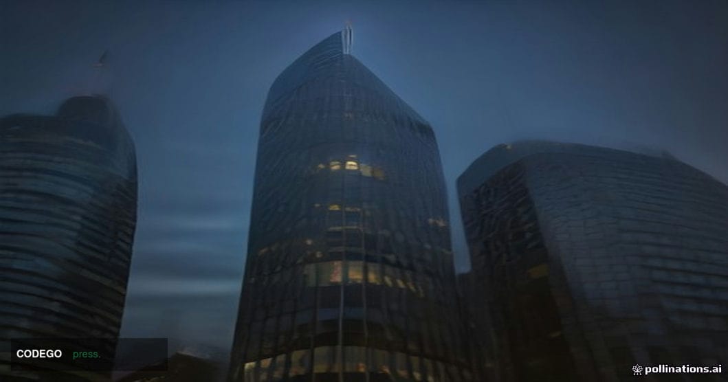 A photorealistic cinematic editorial photograph of a sleek, modern European Central Bank headquarters in Frankfurt at dusk, s