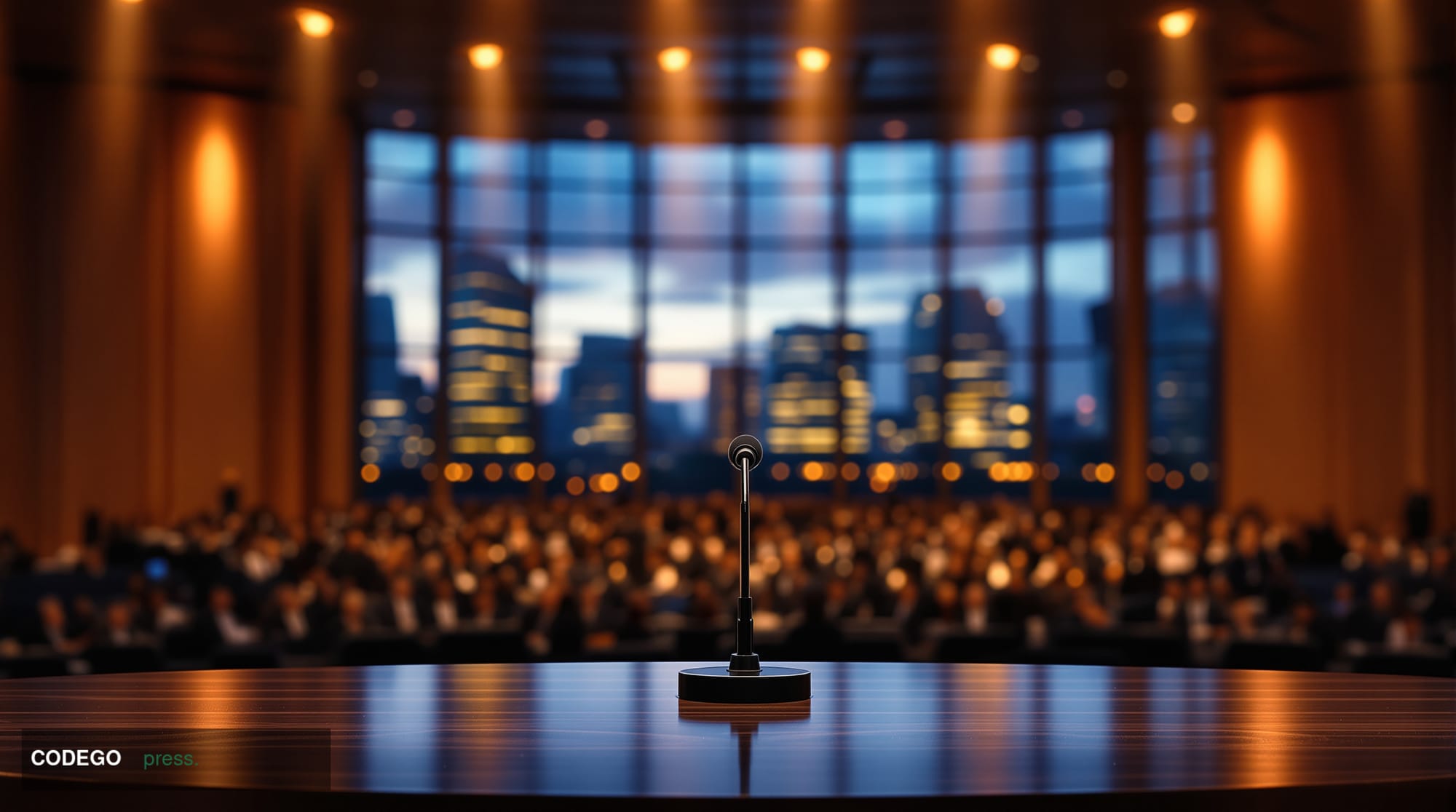 A photorealistic editorial photograph set inside a grand European institutional conference hall in Luxembourg, bathed in dram