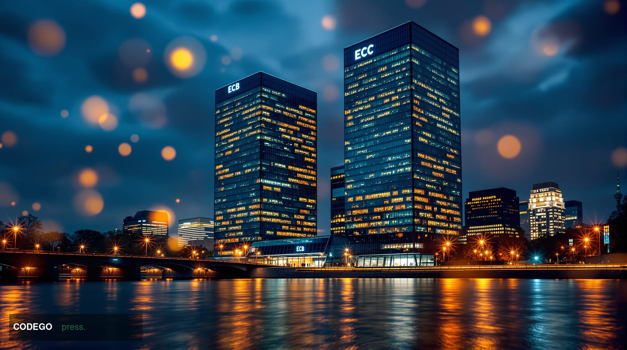 A cinematic editorial photograph centered on the European Central Bank's iconic twin-tower glass headquarters in Frankfurt am