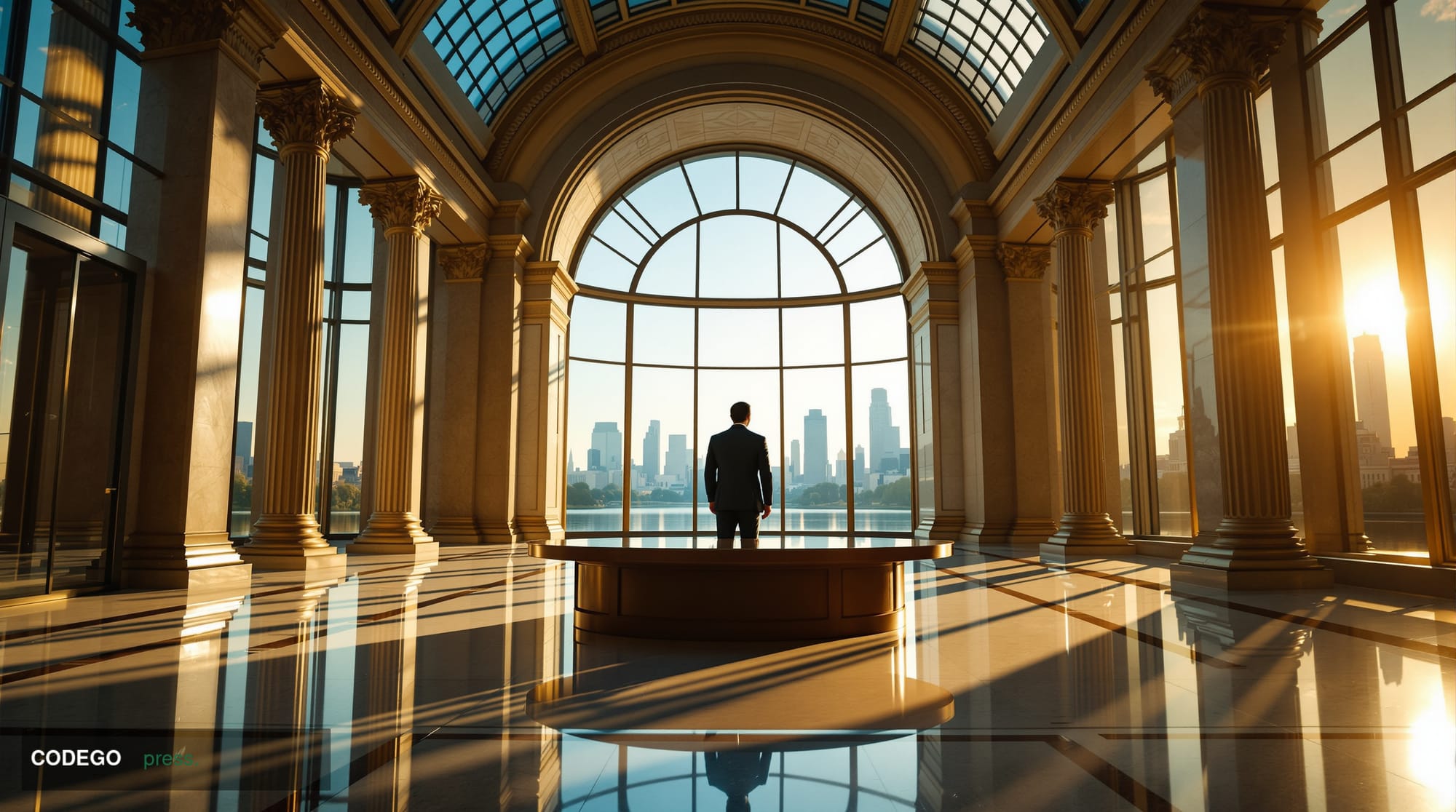 A photorealistic cinematic editorial photograph set inside a grand, neoclassical European central banking hall — modeled on t