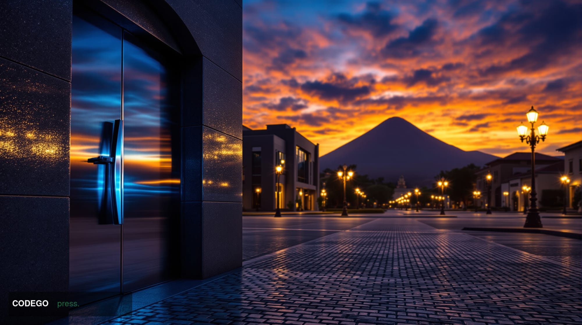 A cinematic editorial photograph set against the backdrop of San Salvador's volcanic skyline at dusk, with the silhouette of 