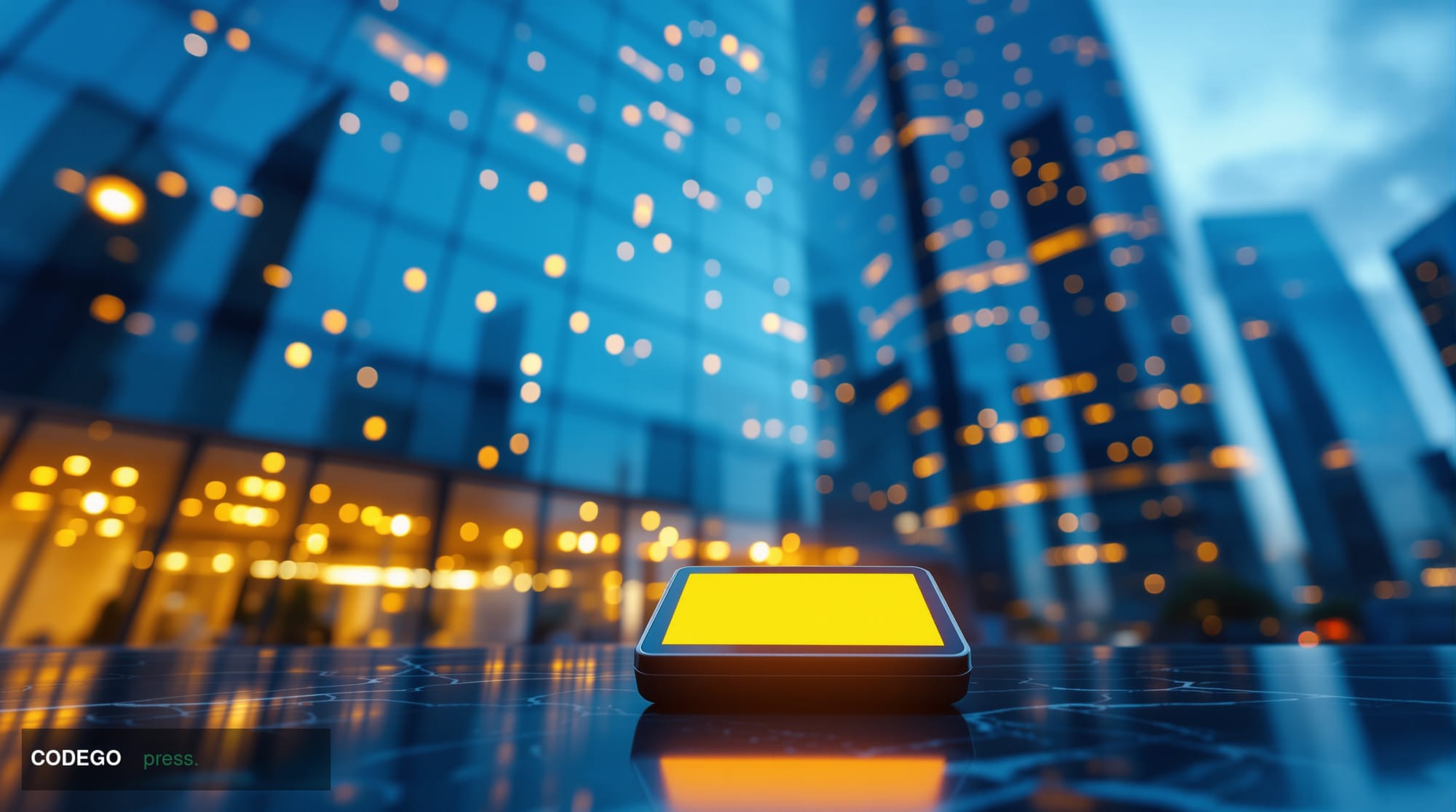 A cinematic editorial close-up shot from a low angle looking up at a sleek, modern glass-and-steel financial technology offic
