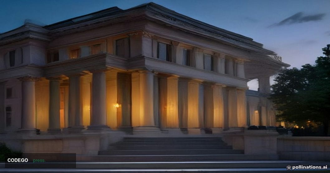 A grand neoclassical European regulatory institution exterior at dusk, photographed from a low-angle wide shot looking upward