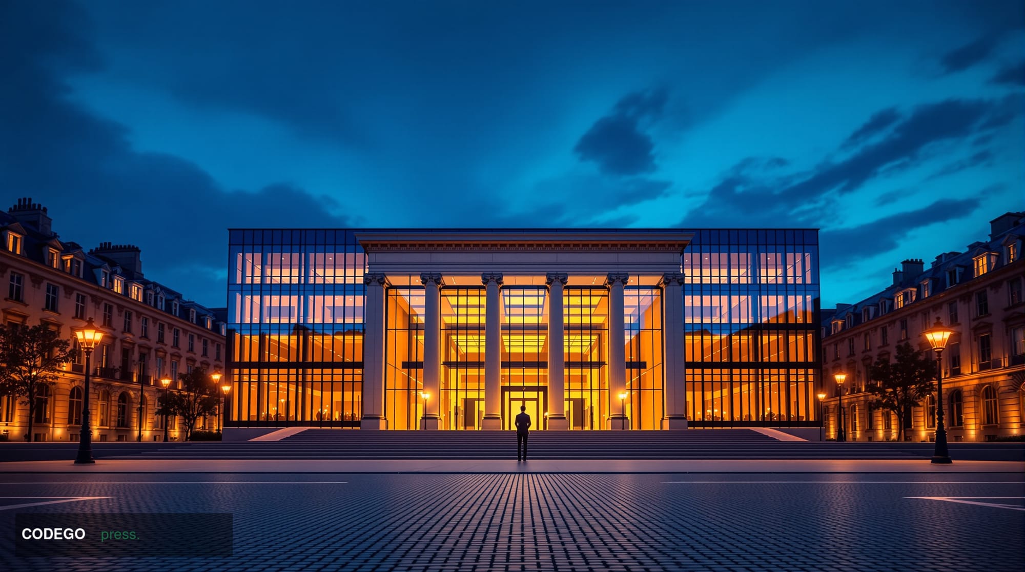 A photorealistic editorial photograph of a grand European institutional building at dusk, modelled on the neoclassical archit