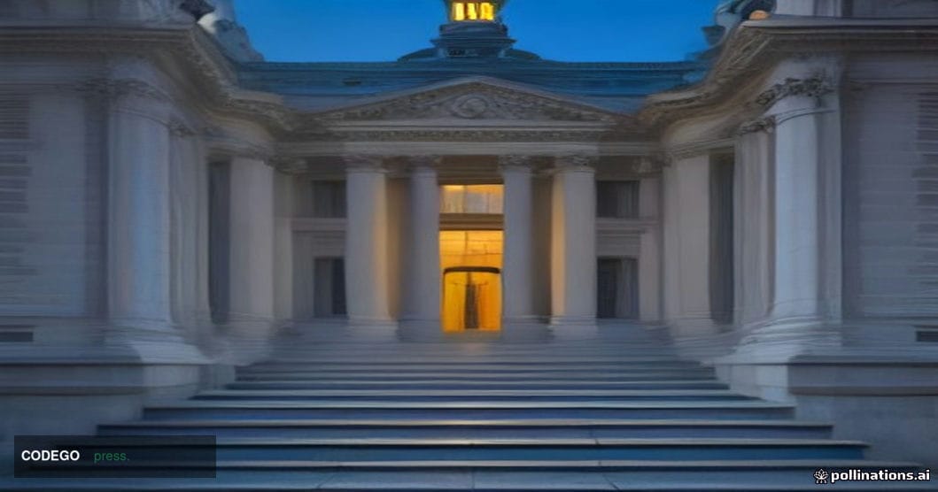 A dramatic wide-angle shot of the European financial district in Paris at dusk, with a grand neoclassical institutional build
