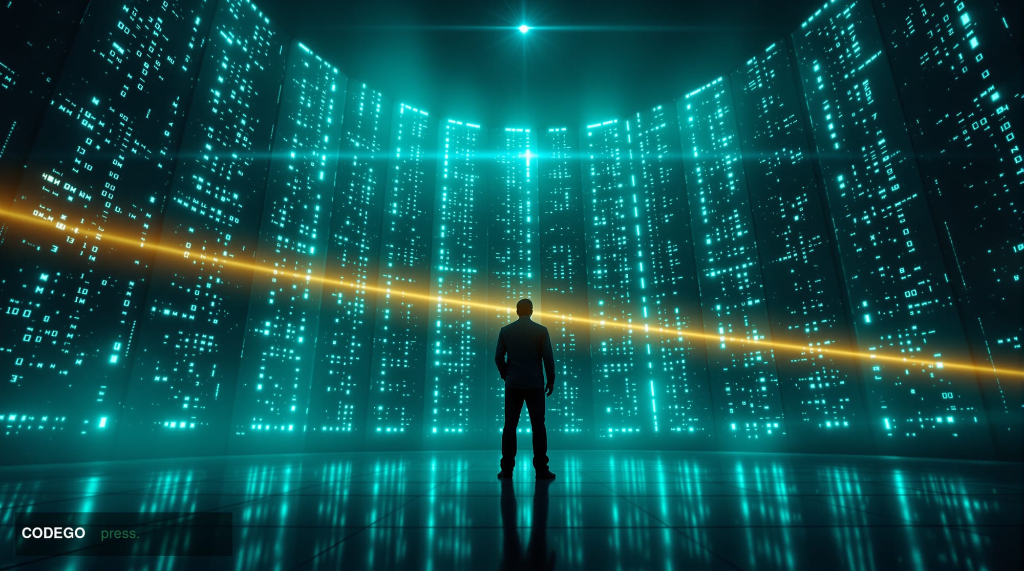 A dramatic cinematic editorial photograph set inside a dimly lit advanced cryptography research laboratory, with a lone resea