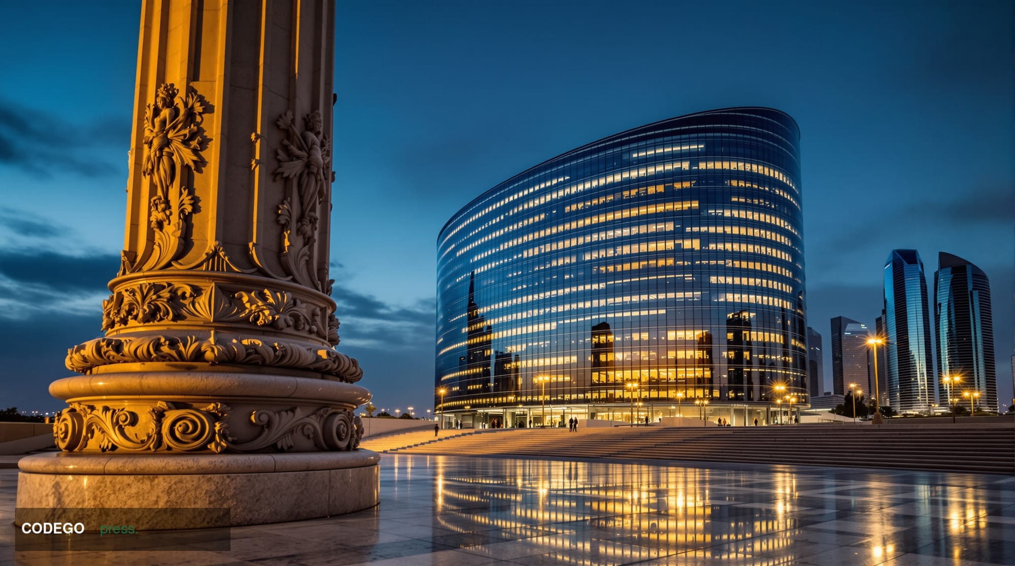 A dramatic wide-angle exterior shot of a gleaming glass-and-steel financial regulatory building in Brussels at dusk, its curv