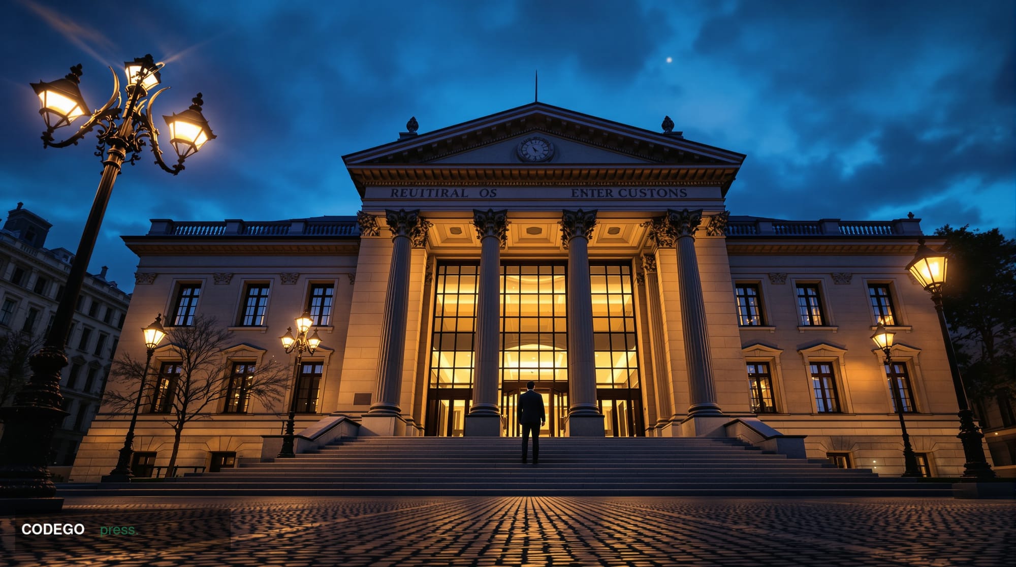 A dramatic cinematic editorial photograph of a grand European institutional building—modeled on Brussels' neoclassical regula
