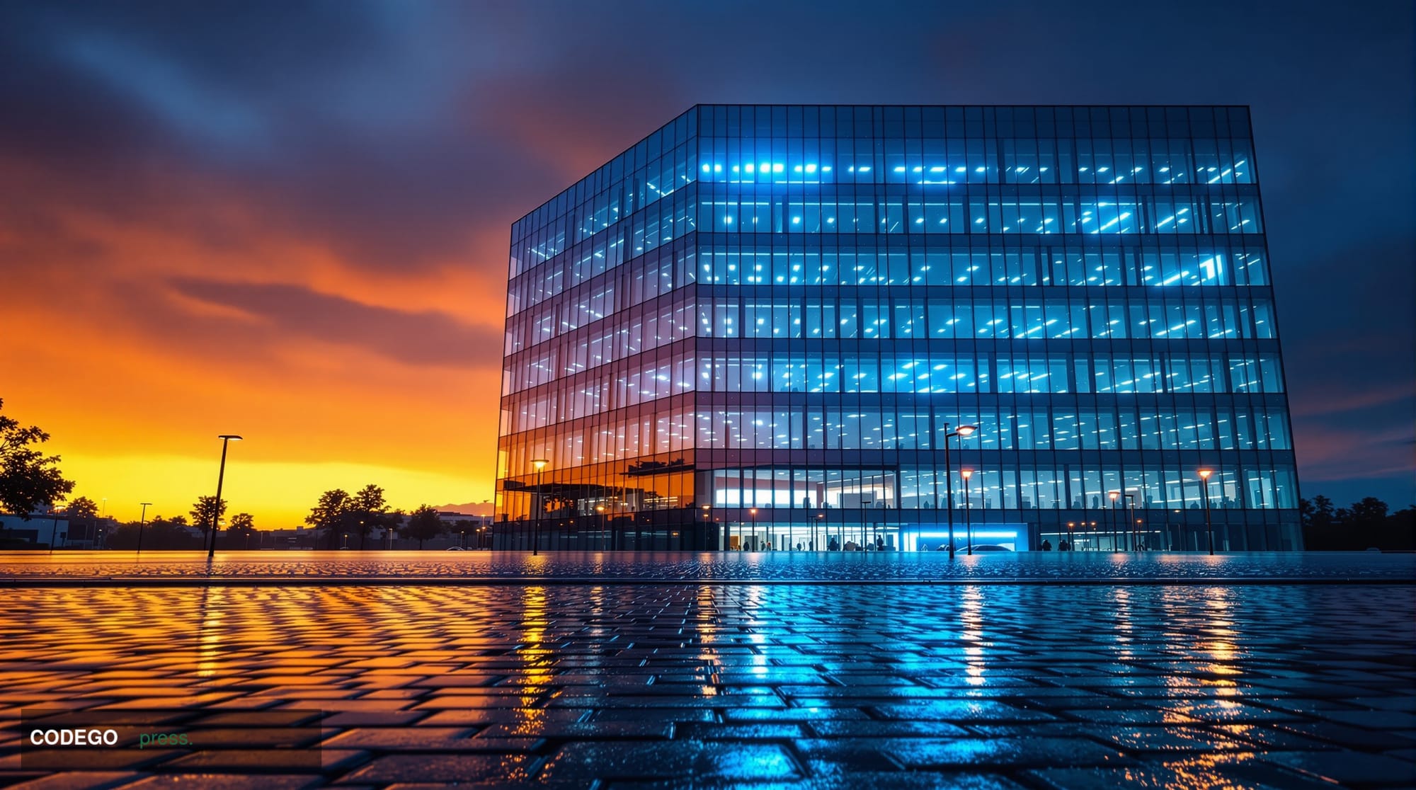 A cinematic editorial photograph shot at ground level looking up at the glass and steel facade of a contemporary European fin