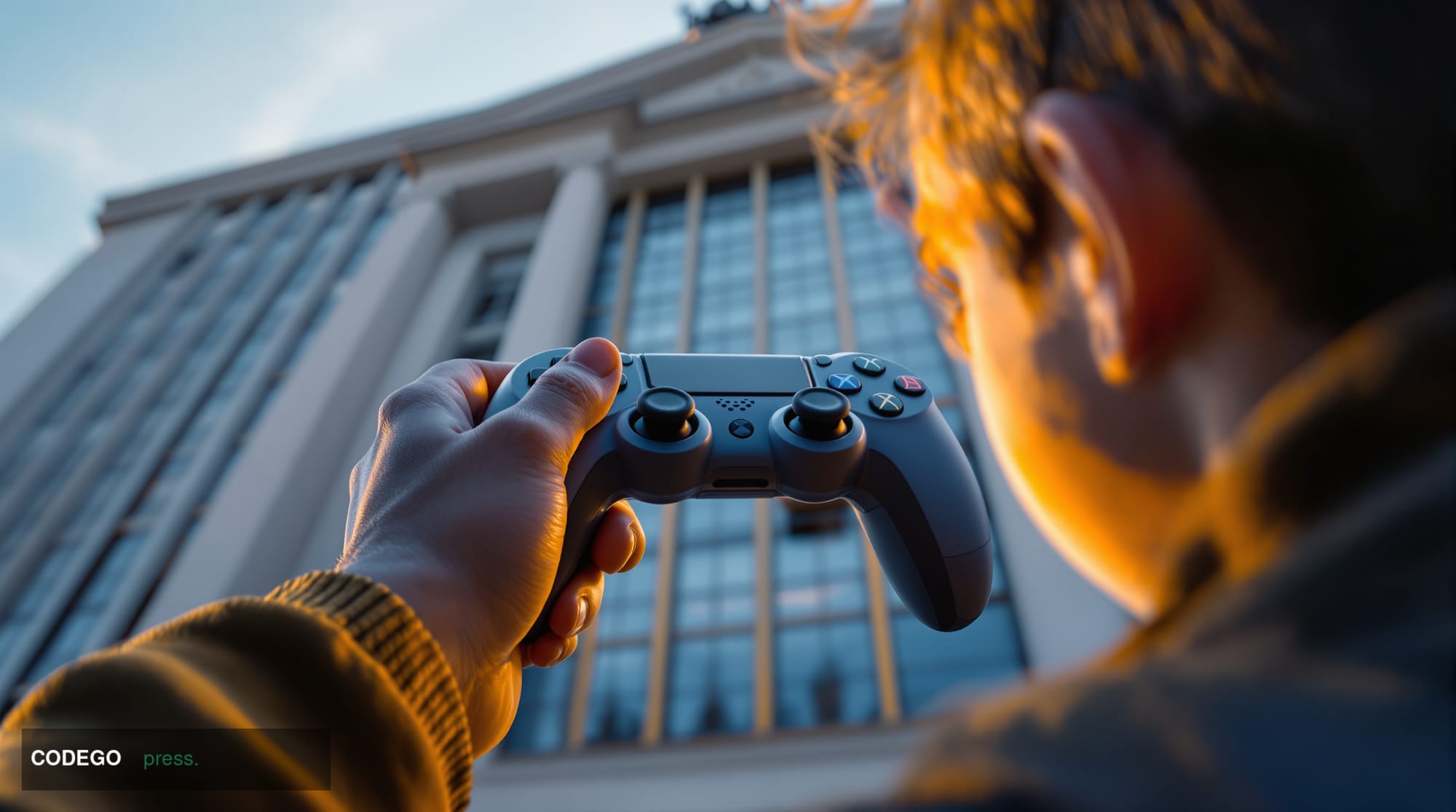 A dramatic cinematic editorial photograph shot from a low angle looking up at a grand neoclassical European Union institution