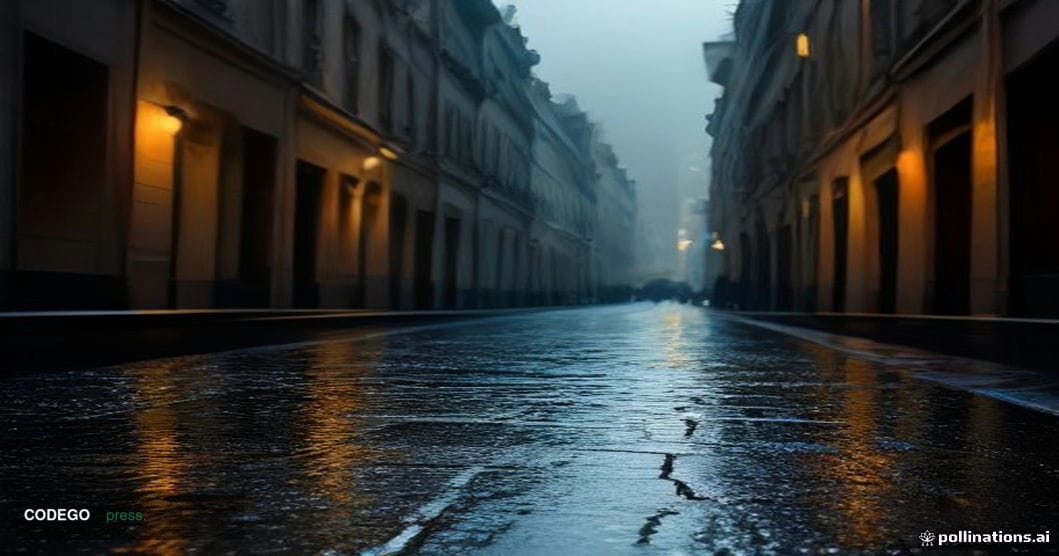 A rain-slicked Parisian street at night photographed from a low cinematic angle, the iconic Haussmann-era limestone facades l