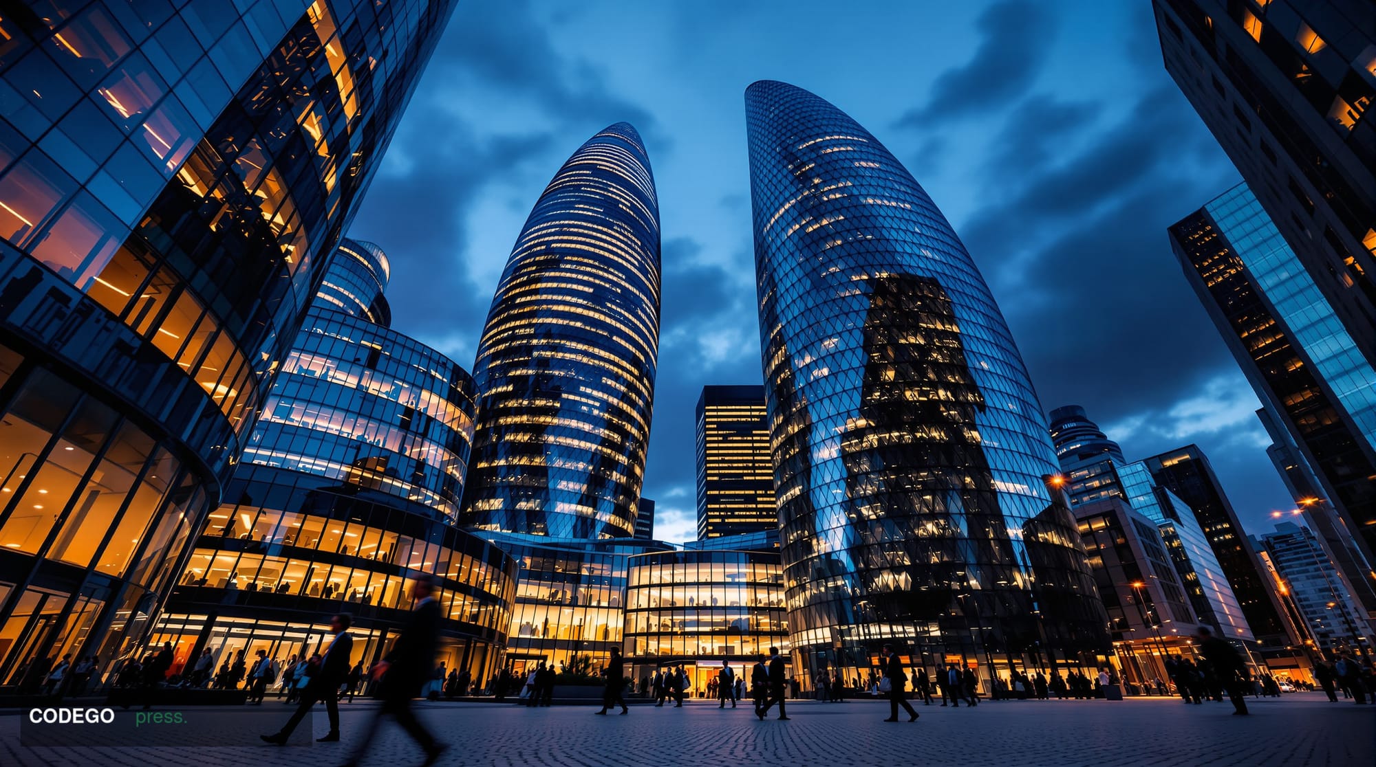 A dramatic wide-angle shot of the City of London financial district at dusk, viewed from ground level looking upward at glass