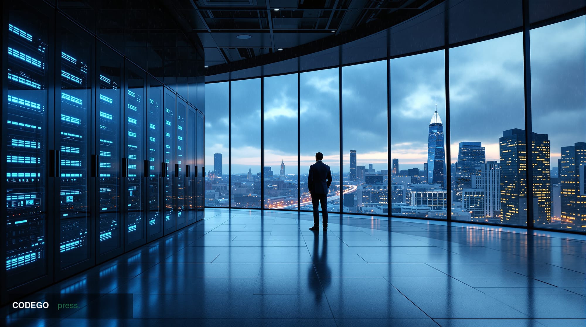 A dramatic cinematic editorial photograph set inside a sleek European law enforcement operations center, rendered in photorea
