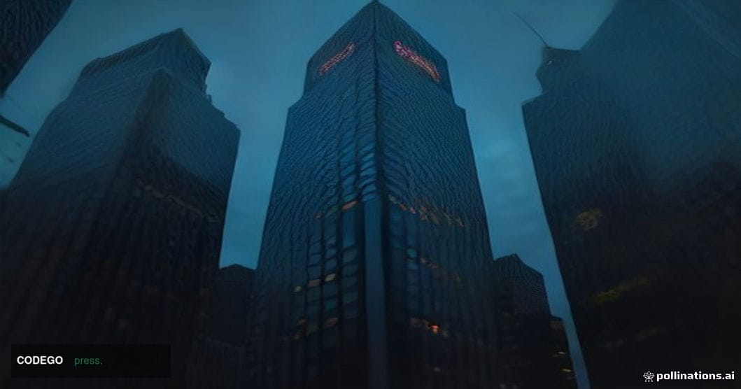 A cinematic editorial photograph of a grand modernist financial district tower in midtown Manhattan at dusk, shot from a low 