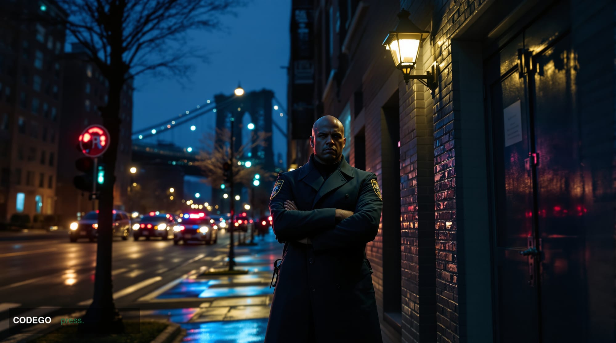 A dramatic cinematic editorial photograph taken at street level in Brooklyn, New York, looking up toward a grey urban apartme