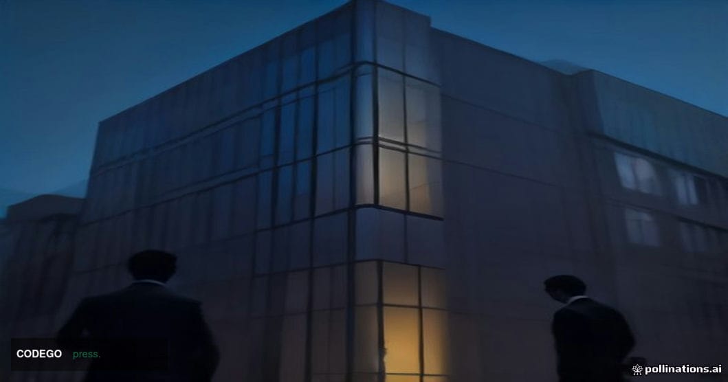 A dramatic cinematic editorial photograph shot at dusk from a low angle looking up at a large modern glass-and-steel financia