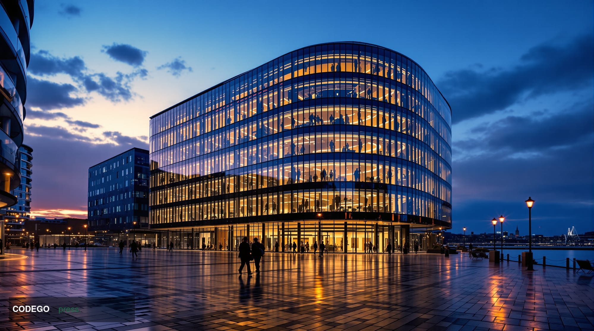 A dramatic cinematic wide-angle shot of the Financial Conduct Authority's headquarters at 12 Endeavour Square in London's Can
