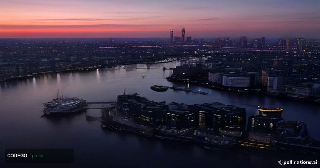 A dramatic wide-angle shot of the City of London financial district at twilight, dominated by the angular glass towers of Can