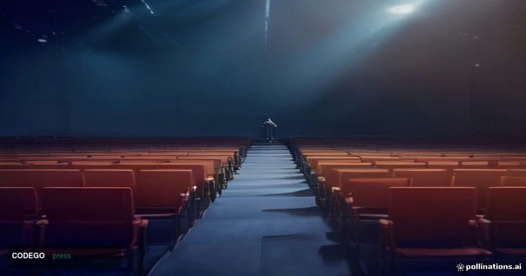 A cinematic editorial photograph set inside a grand Las Vegas convention center, viewed from a low-angle perspective looking 