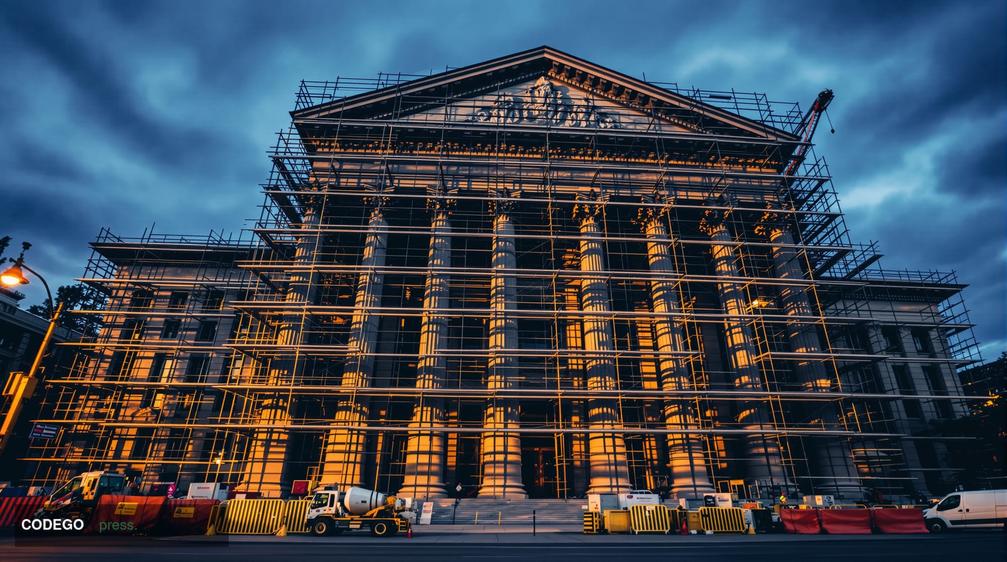 A wide-angle cinematic exterior shot of a grand neoclassical government building undergoing scaffolded renovation, photograph