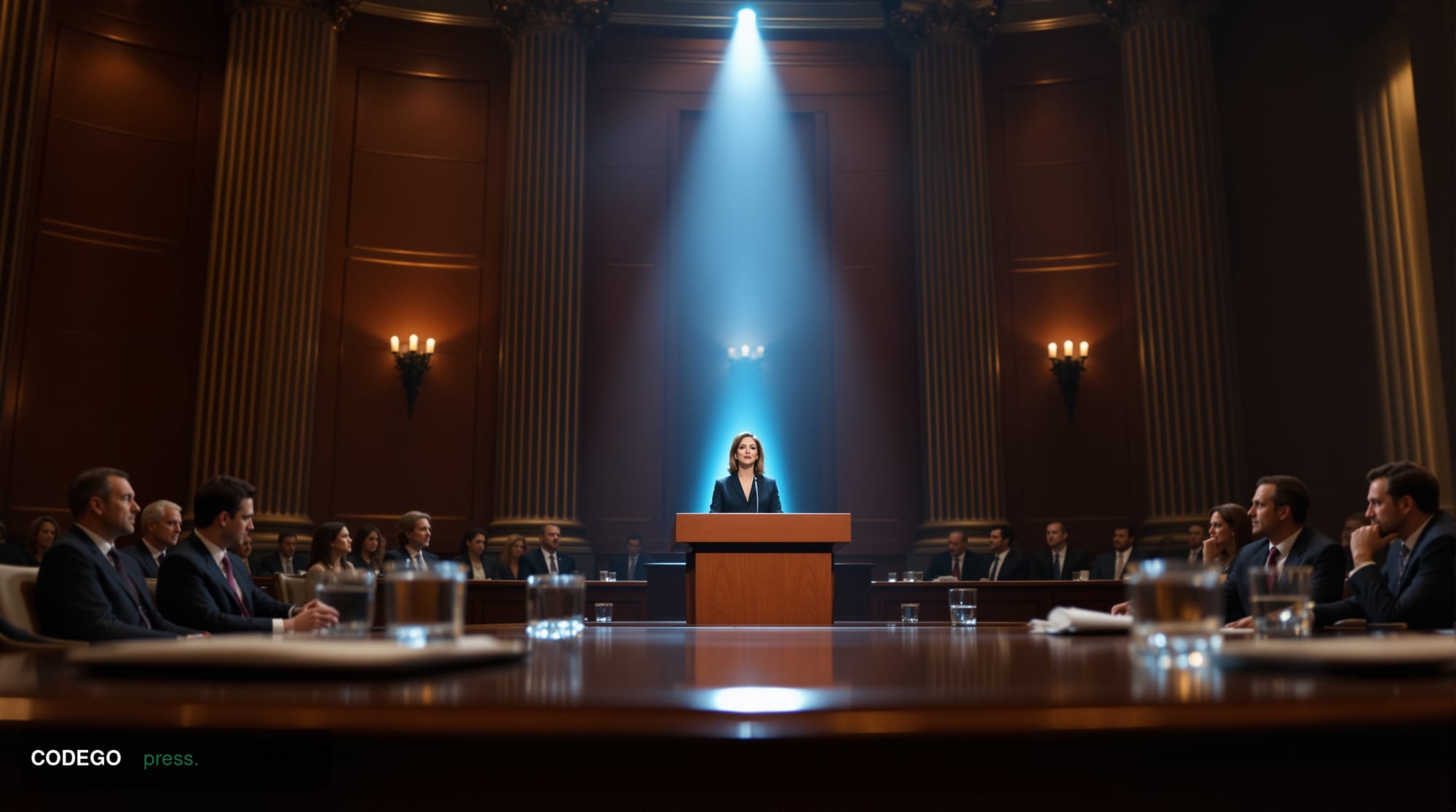 A photorealistic editorial photograph set inside a grand Washington DC policy forum venue, captured from a low-angle perspect