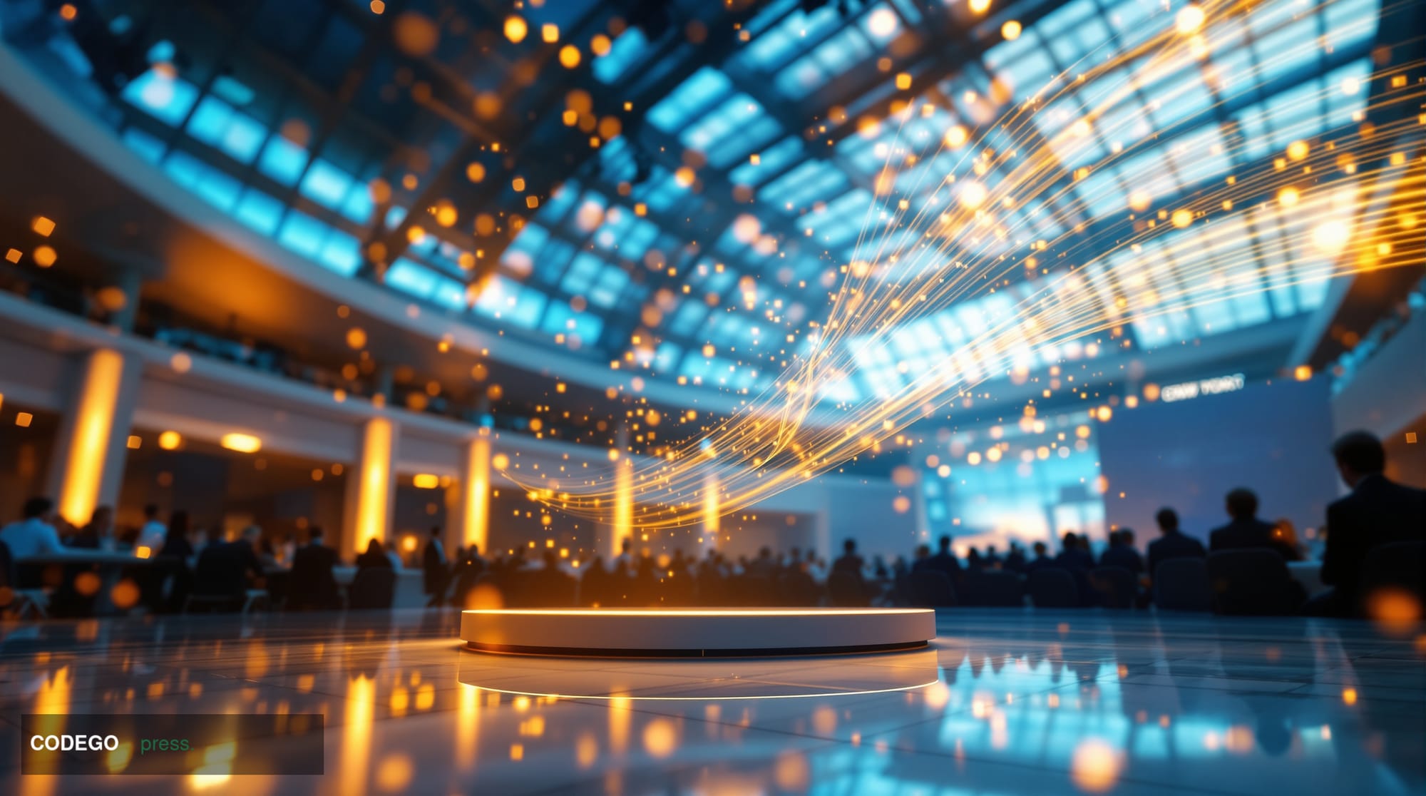 A wide-angle cinematic editorial photograph taken from a low angle looking up at the grand interior of a Miami convention cen