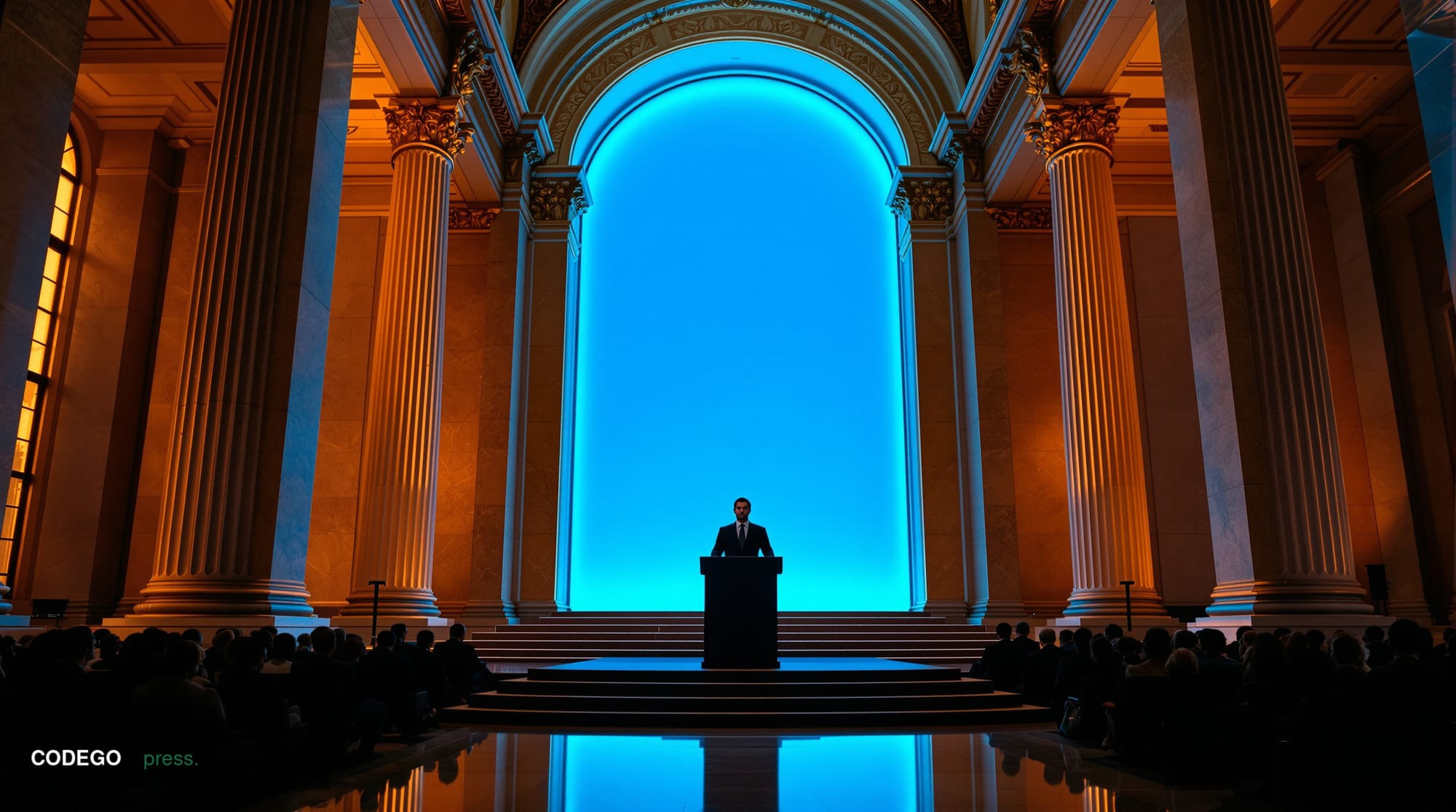 A cinematic editorial photograph set inside a grand Federal Reserve building interior, modeled on the neoclassical architectu