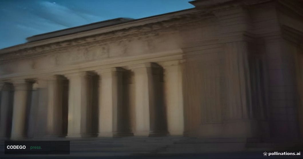 A cinematic editorial photograph shot from a low angle looking up at the neoclassical stone columns of the Eccles Building, t