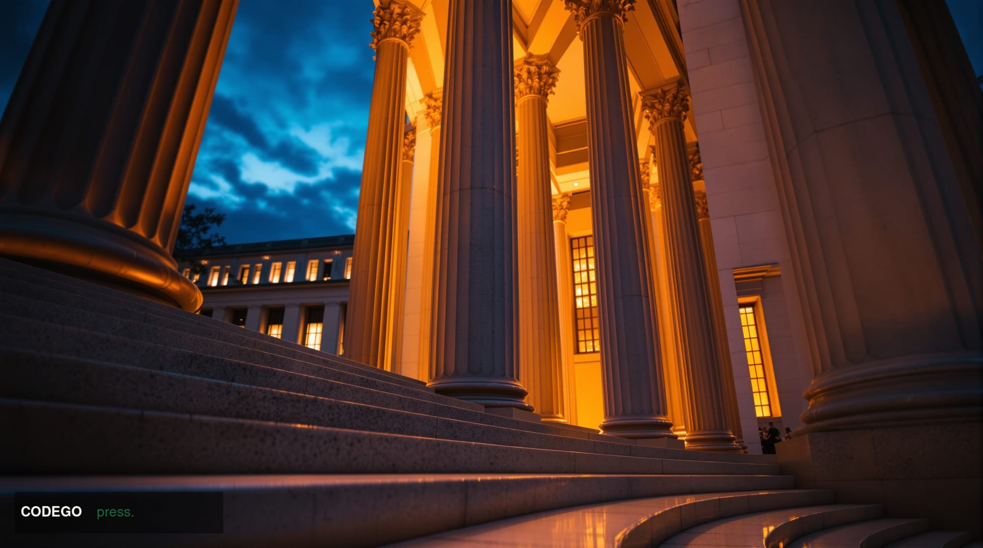A dramatic wide-angle low-perspective shot of the Marriner S. Eccles Federal Reserve Board building in Washington D.C., captu