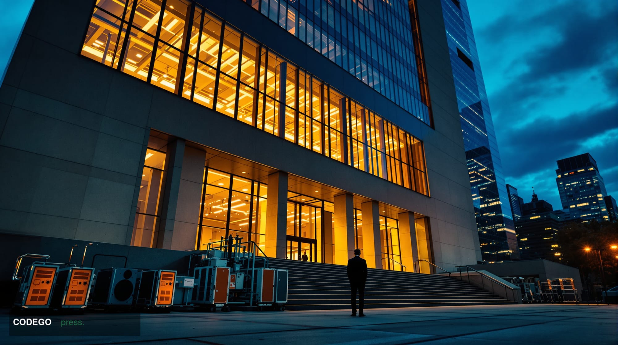 A cinematic editorial photograph shot from a low angle looking up at a monumental brutalist Federal Reserve bank building fac