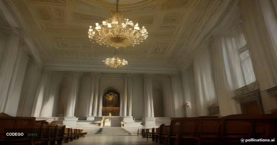 A solemn, wide-angle interior shot of a grand federal courthouse in Lower Manhattan — specifically evoking the neoclassical a