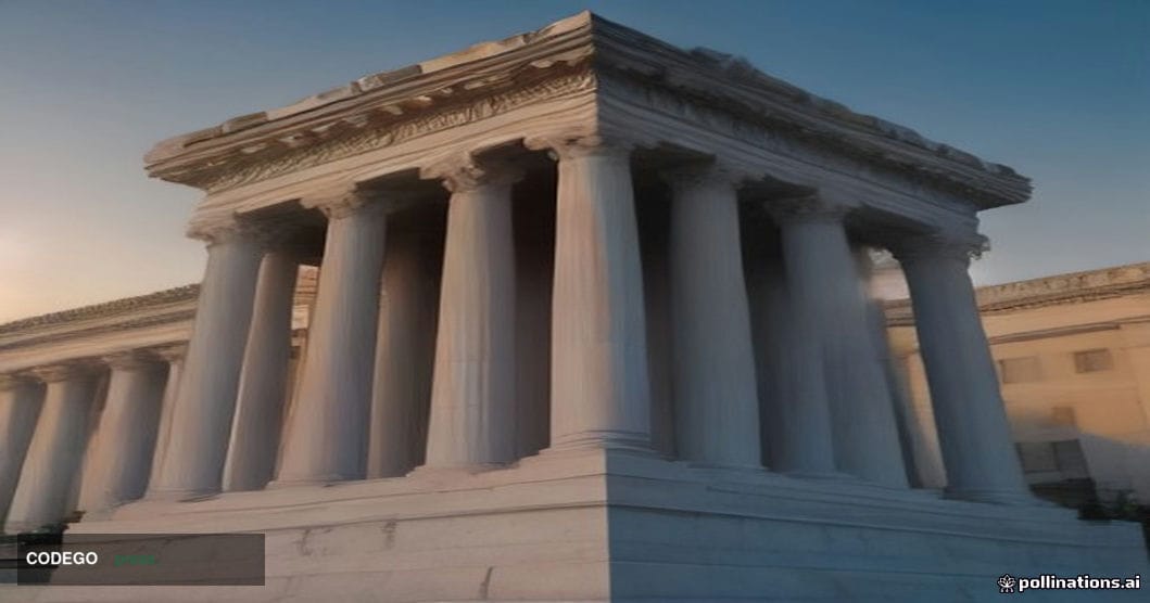 A photorealistic editorial photograph of the Eccles Building in Washington D.C., the iconic neoclassical headquarters of the 