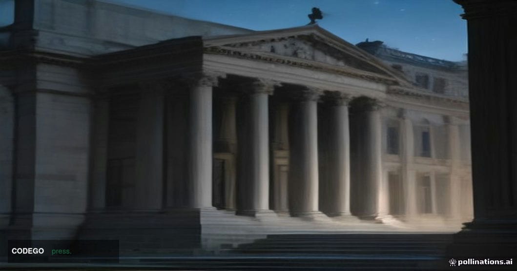 A photorealistic cinematic editorial photograph of the Federal Reserve Bank of San Francisco's neoclassical stone headquarter