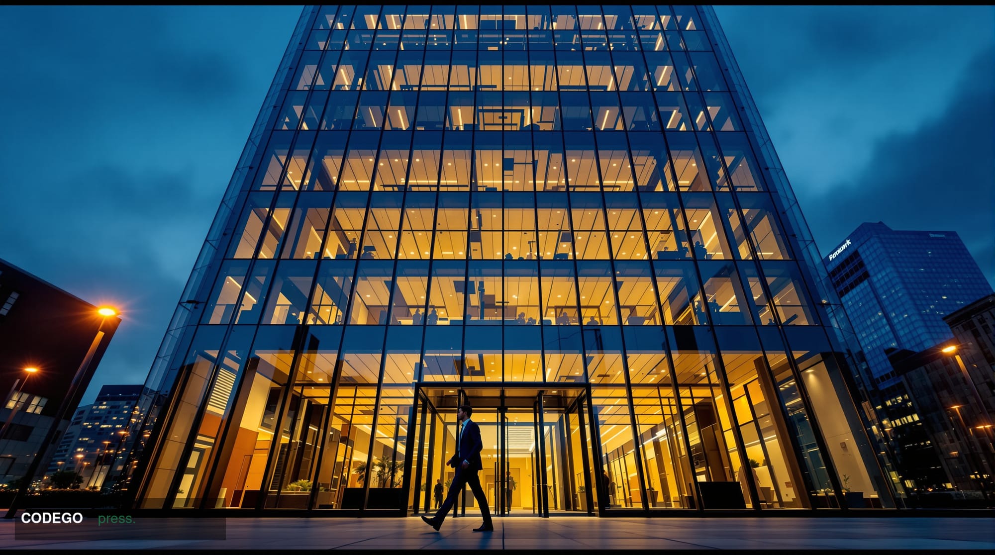 A cinematic editorial photograph shot from a low angle looking up at a sleek glass-and-steel financial district building faca