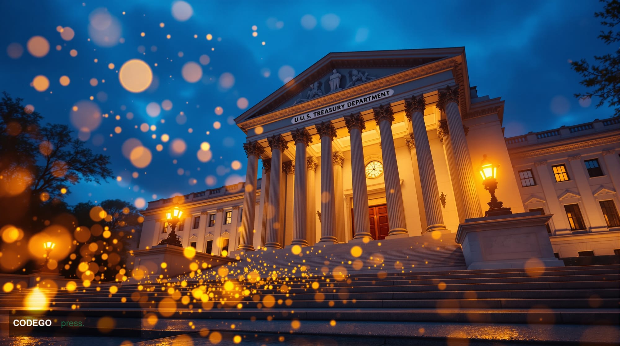 A photorealistic cinematic editorial photograph of the U.S. Treasury Department's neoclassical Washington D.C. headquarters b