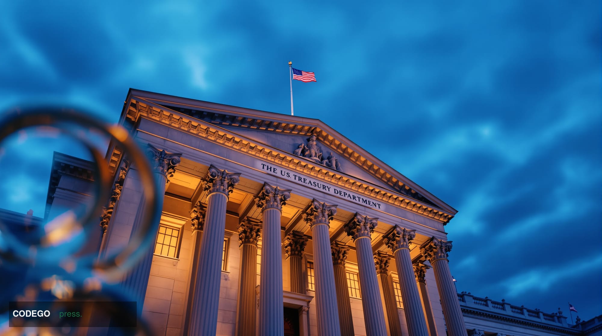 A dramatic close-up editorial photograph of the US Treasury Department building in Washington D.C., shot from a low angle at 