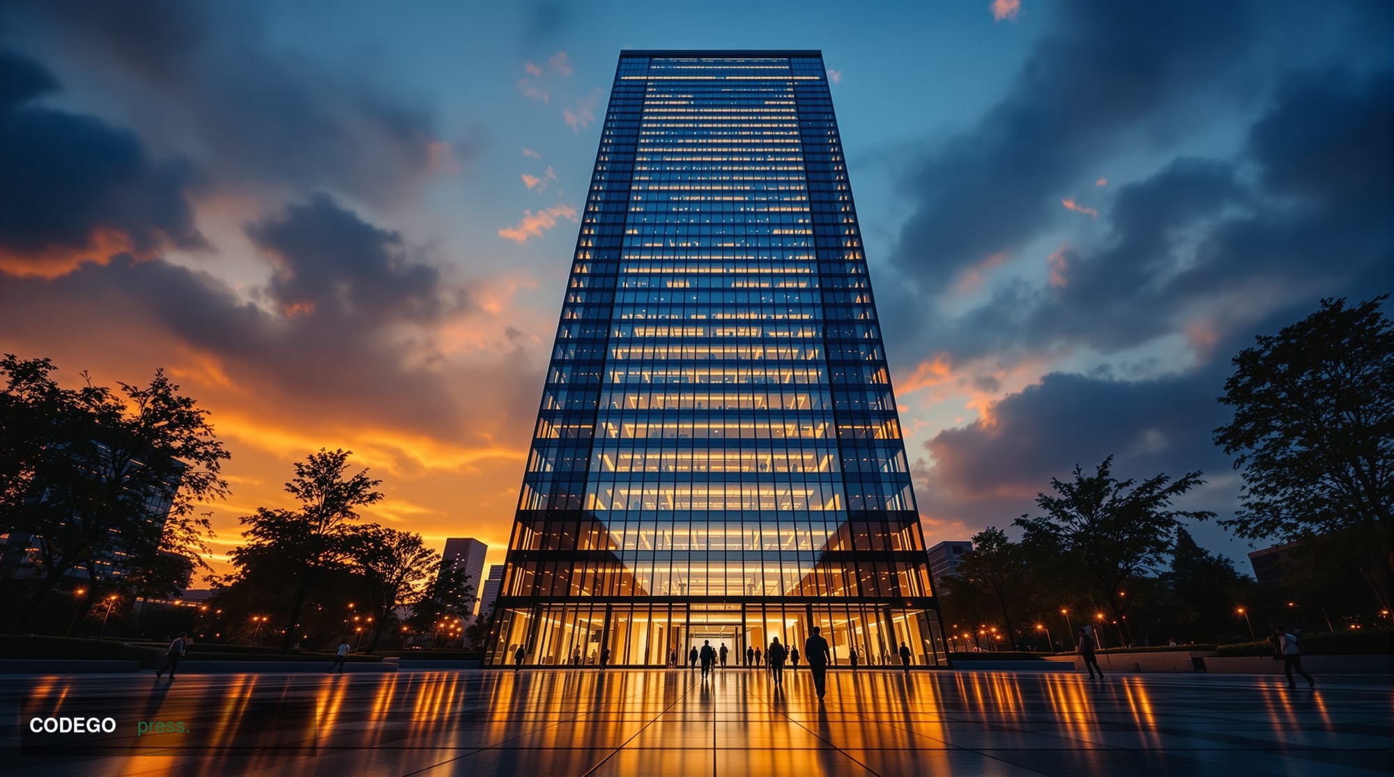 A cinematic editorial photograph shot from a low ground-level angle looking upward at the dramatic glass-and-steel facade of 