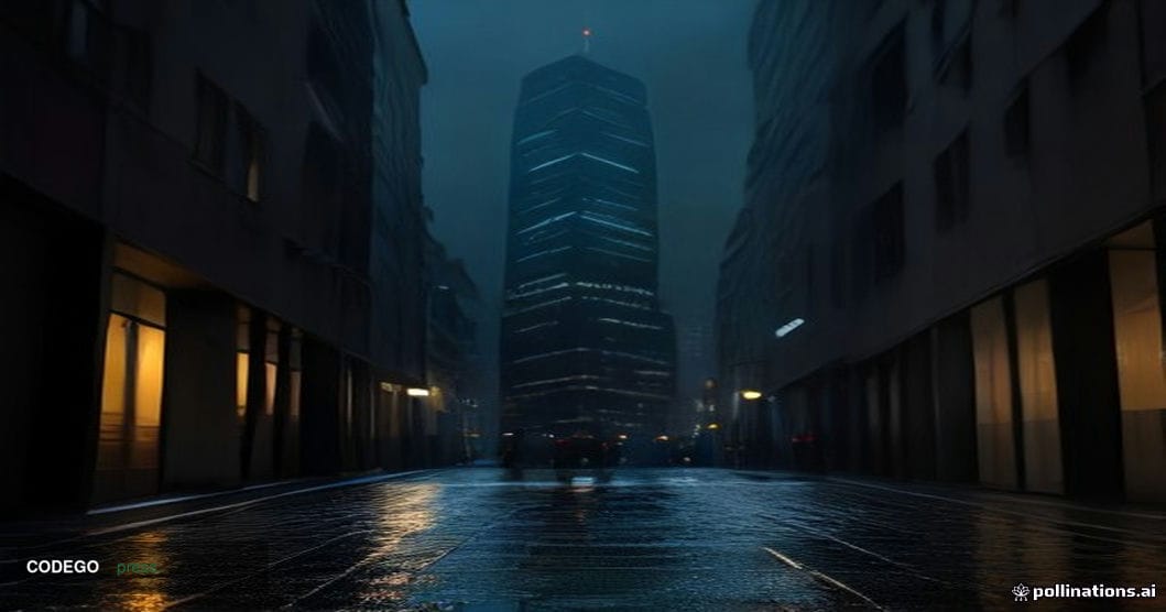 A cinematic editorial photograph set in a modern European financial district at dusk, with a glass-and-steel banking tower re
