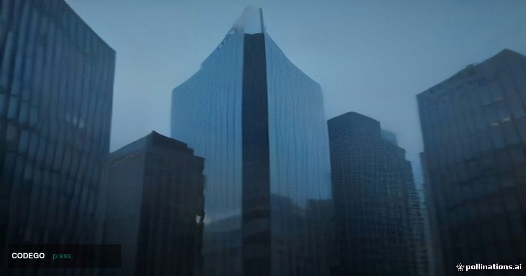 A cinematic editorial photograph taken at ground level looking upward at a sleek glass-and-steel corporate financial tower in