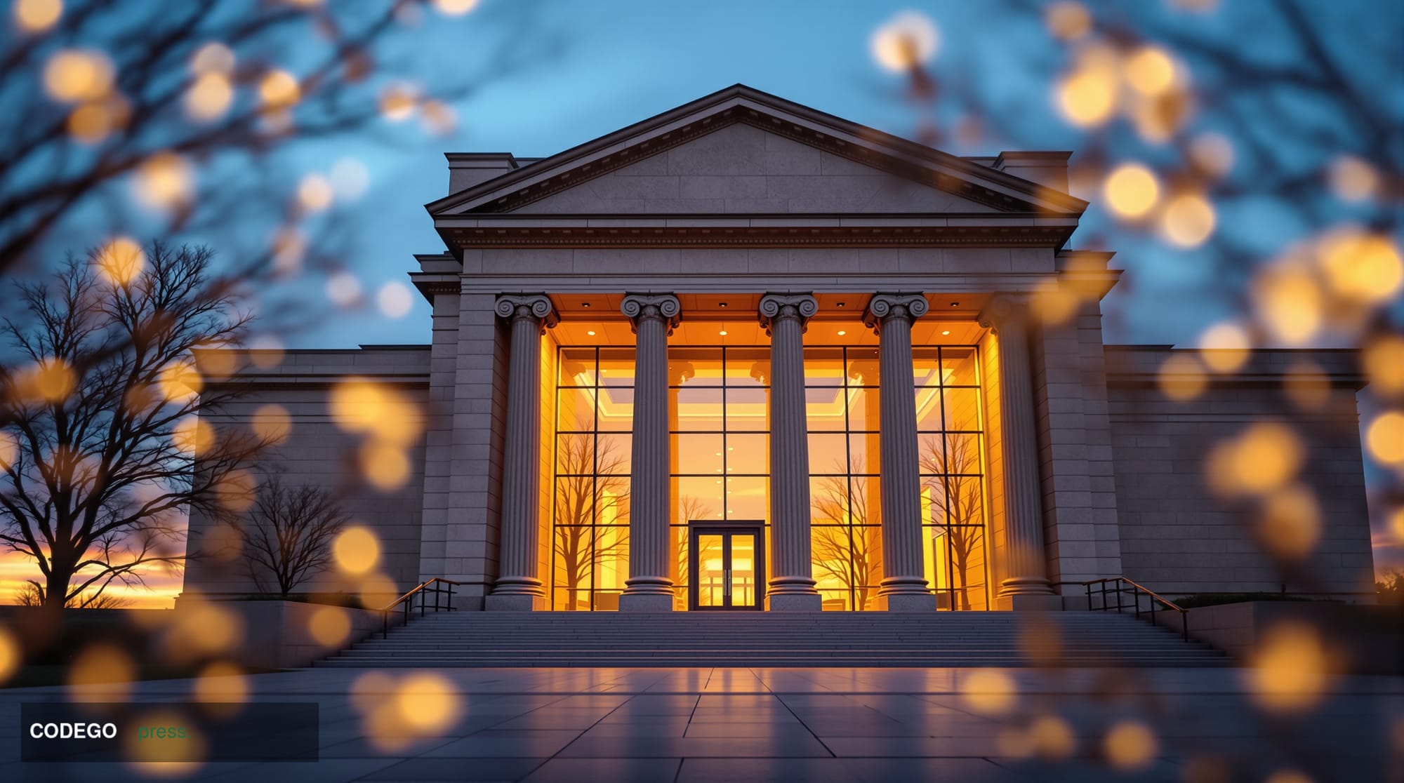 A cinematic editorial photograph of a grand Midwestern government banking institution exterior at golden hour, the wide stone