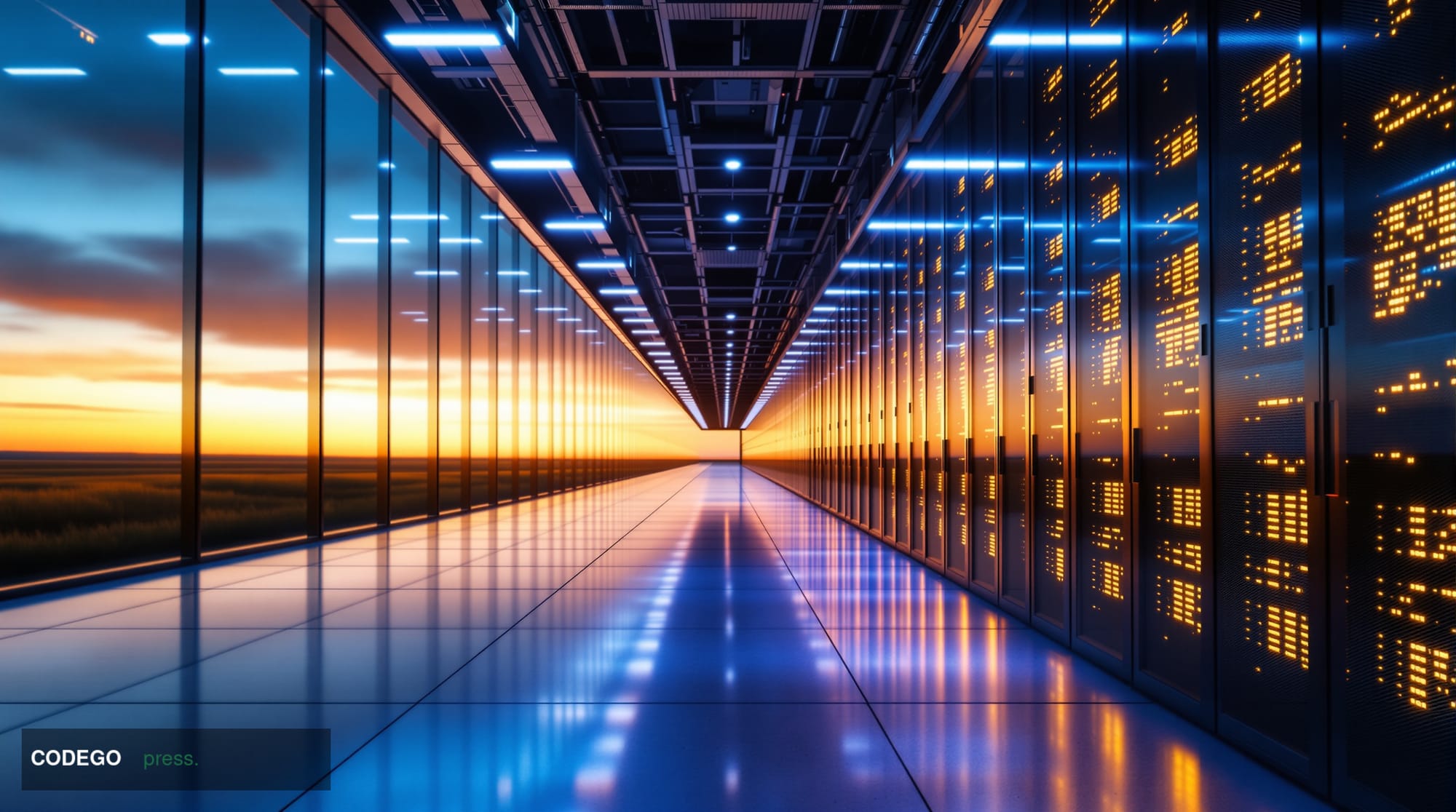 A cinematic editorial photograph of a vast, modernist financial data center corridor in the American Midwest, shot from a low