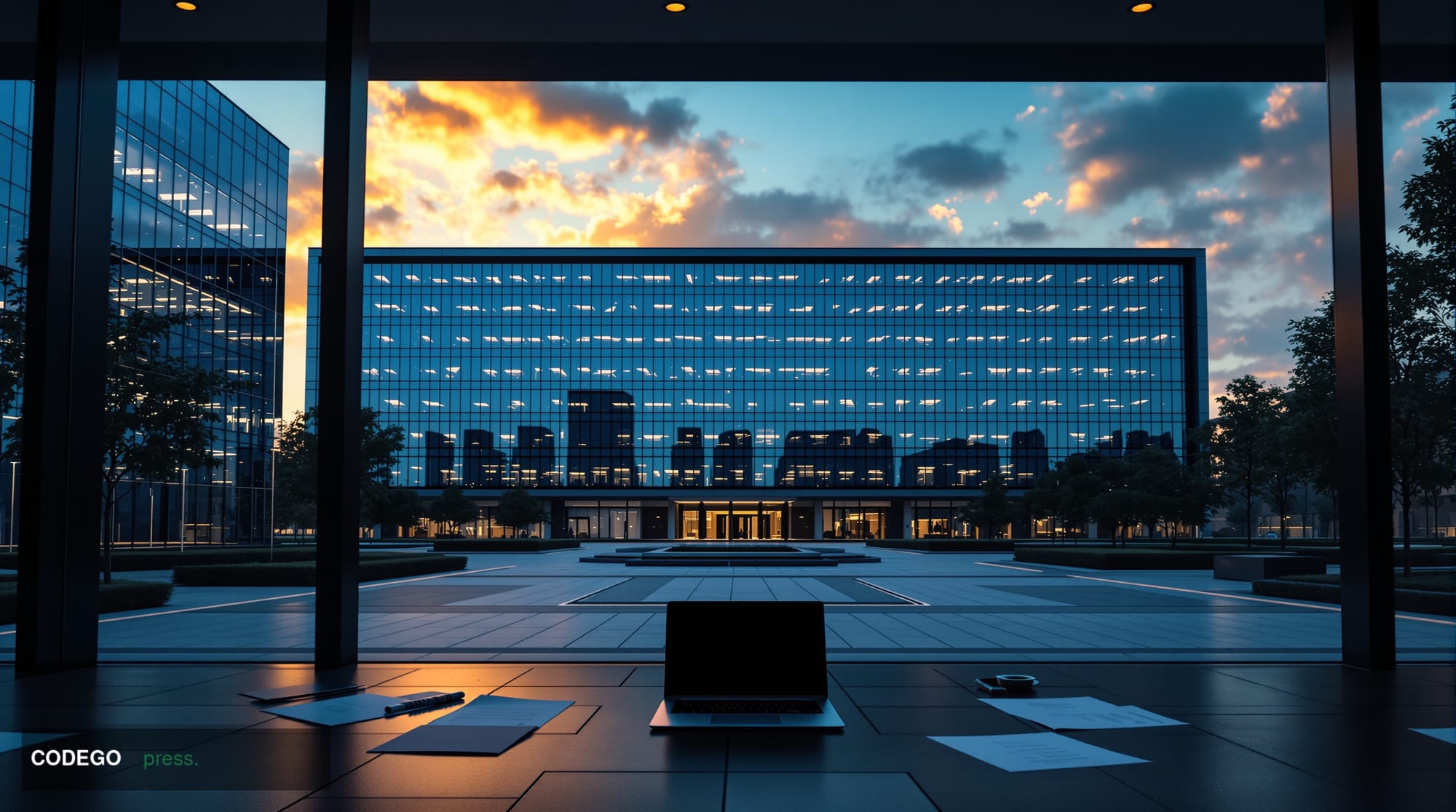 A cinematic editorial photograph of a large corporate financial technology campus at dusk, featuring a sleek modern glass-and