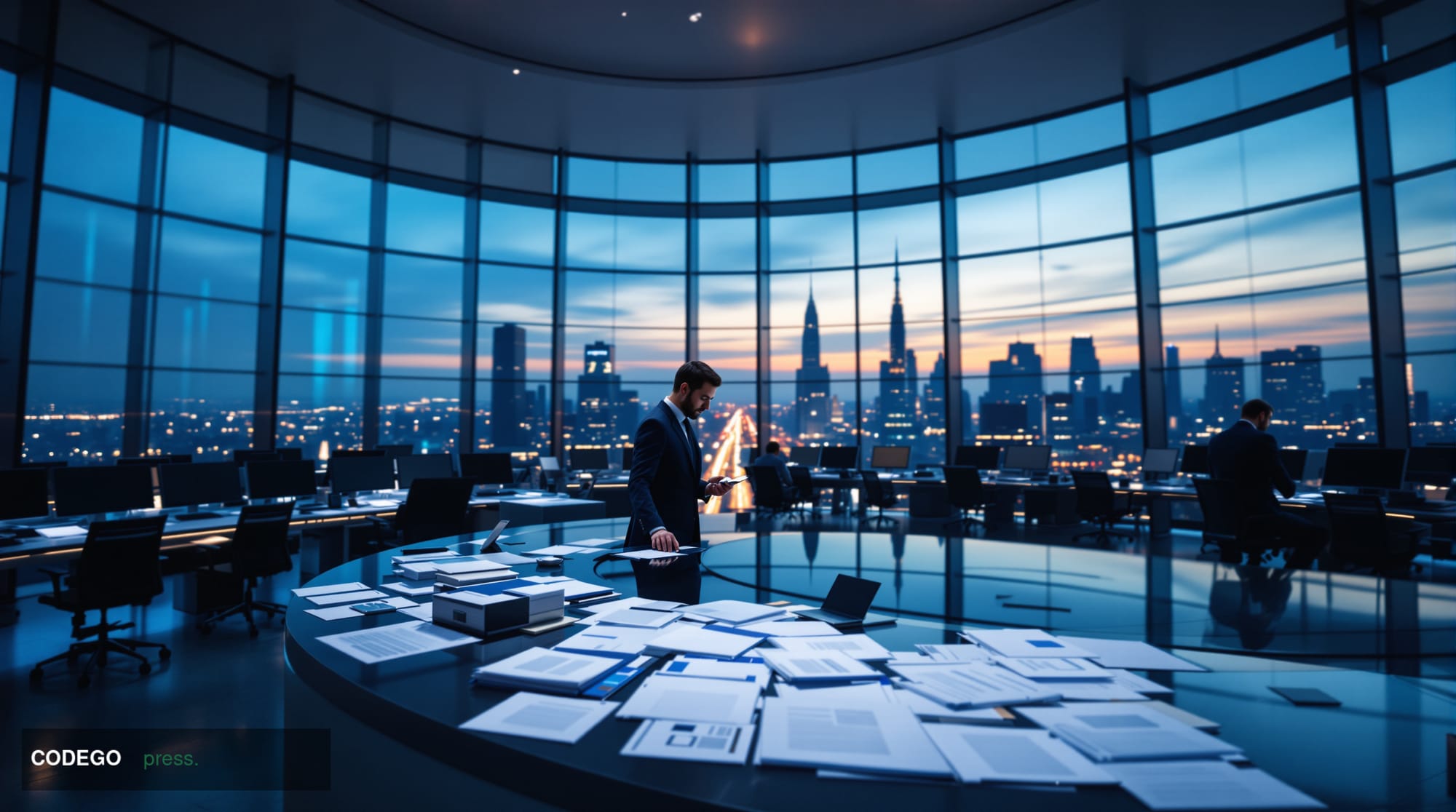 A cinematic editorial photograph set inside a sleek modern financial technology operations center, shot from a low-angle pers