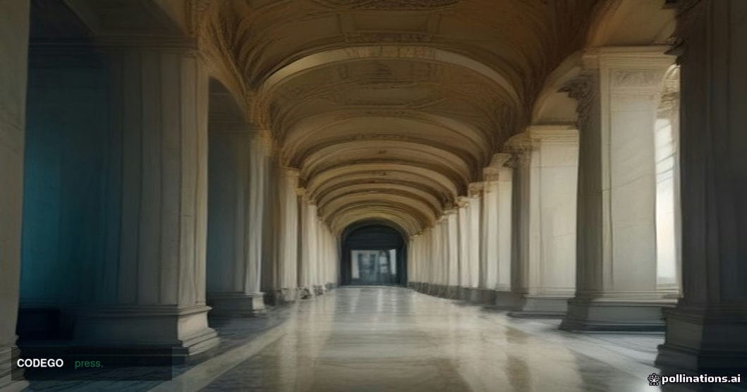A dramatic cinematic editorial photograph taken from a low-angle perspective inside a grand, neoclassical banking hall with t