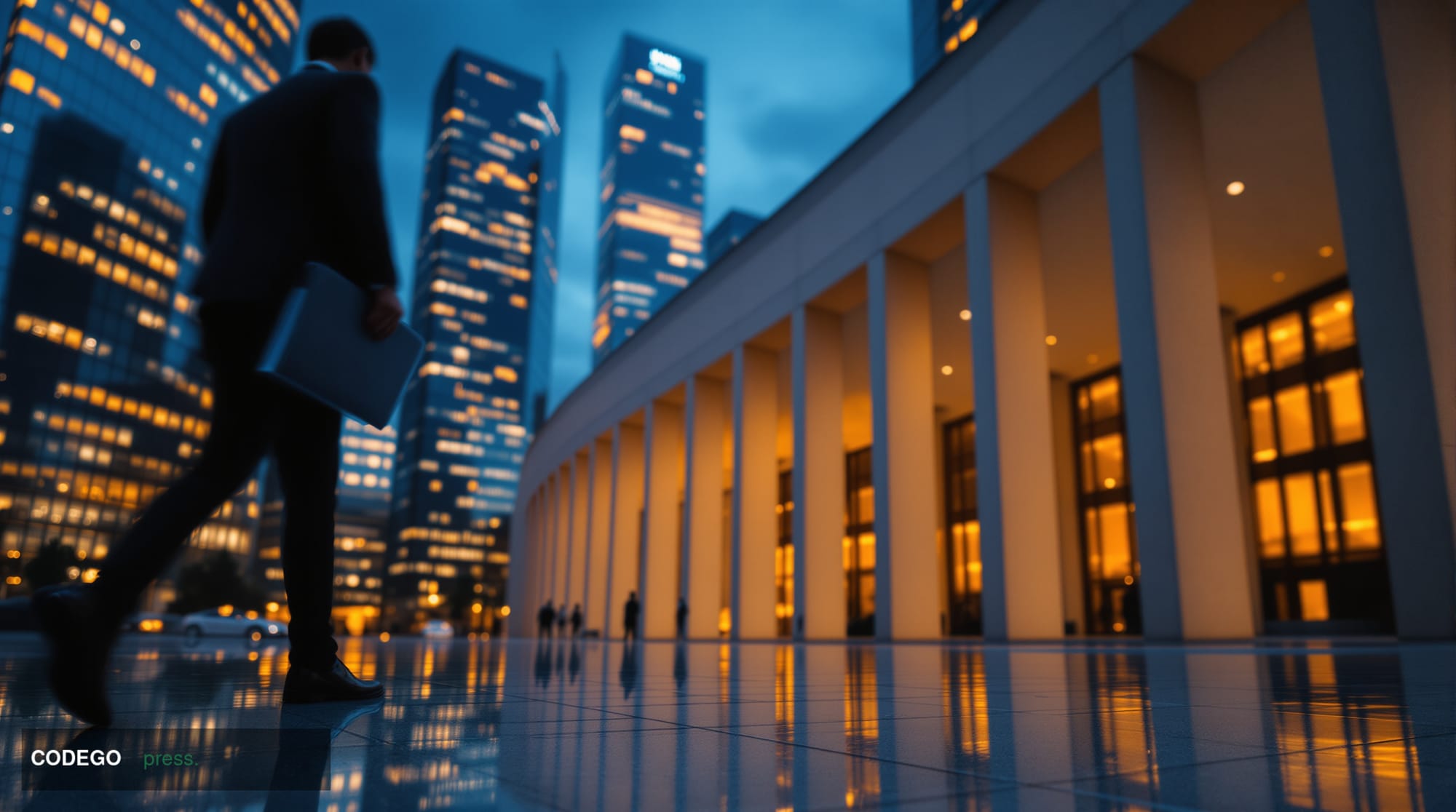 A dramatic wide-angle cinematic editorial photograph taken at dusk inside a monumental European financial district, featuring