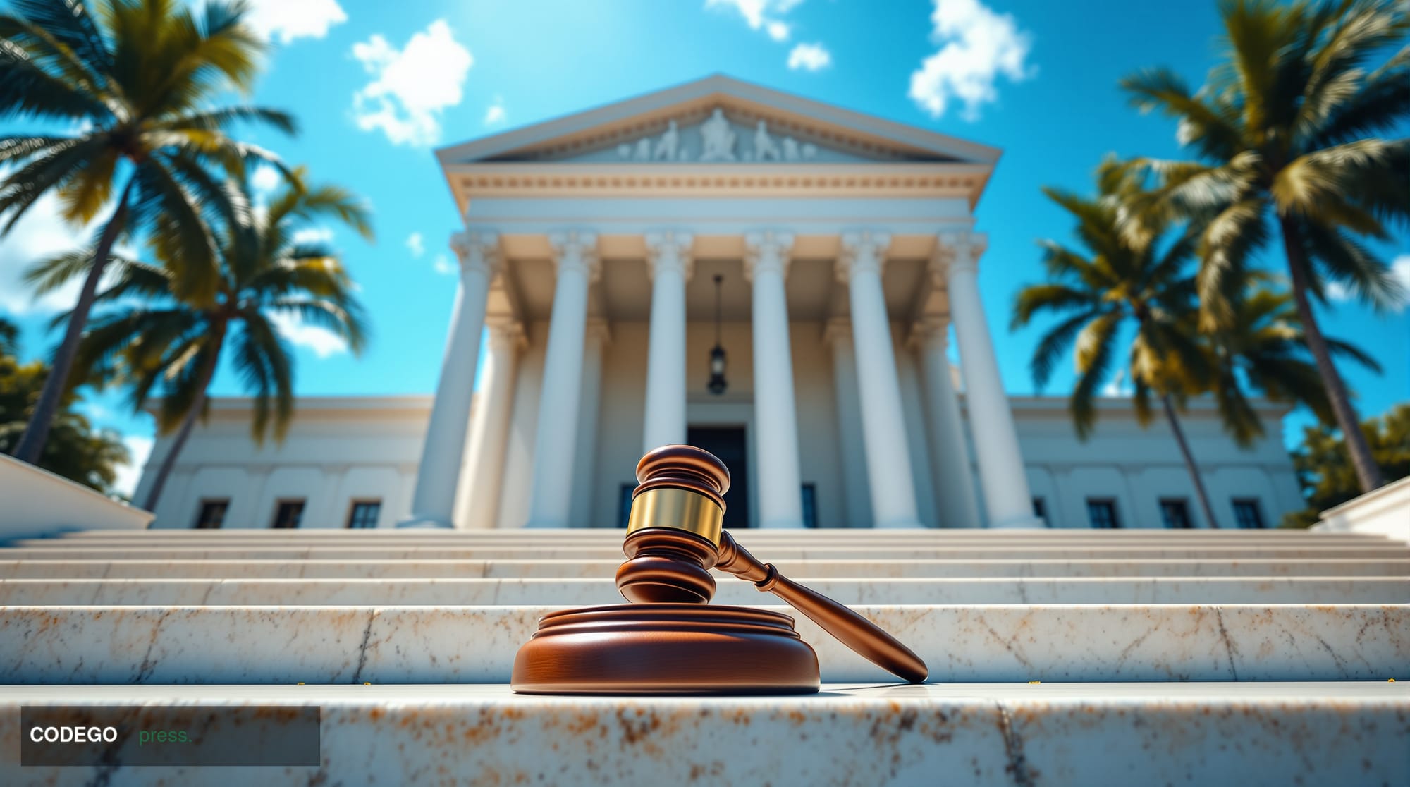 A stately federal courthouse in South Florida bathed in harsh midday sunlight, its white limestone columns casting sharp dram