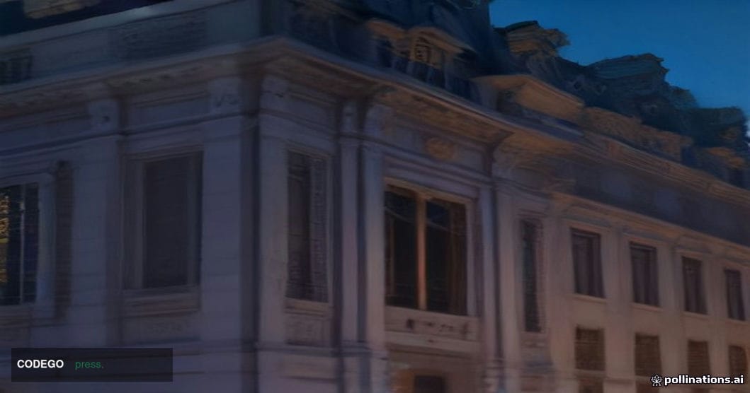 A grand Haussmann-style French government building exterior photographed at dusk from a low angle, its ornate stone facade ba